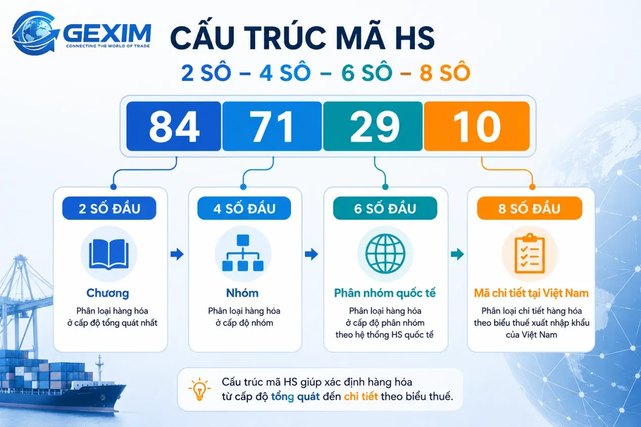 Cấu trúc mã HS gồm chương, nhóm, phân nhóm quốc tế và biểu thuế Việt Nam